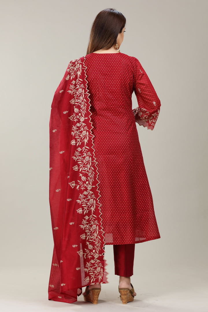 Maroon Chanderi A line Embroidered Kurta Pant Suit Set