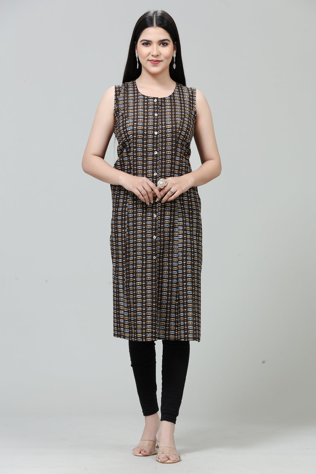 Brown Jaipuri Cotton Printed Sleeveless Kurta