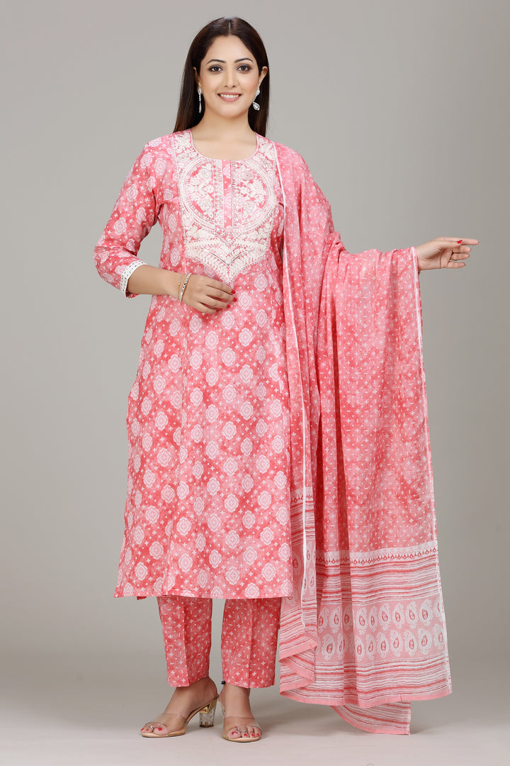 Peach Jaipuri Cotton Straight Embroidered Kurta Pant Suit Set