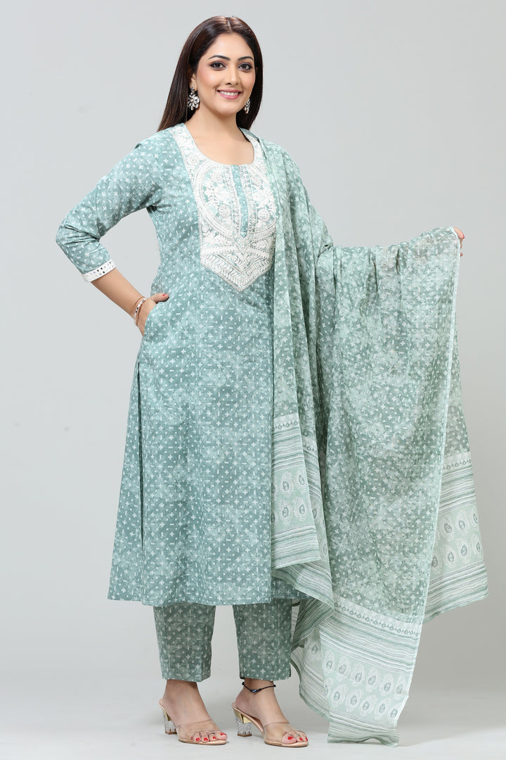 Mint Green Jaipuri Cotton Straight Embroidered Kurta Pant Suit Set