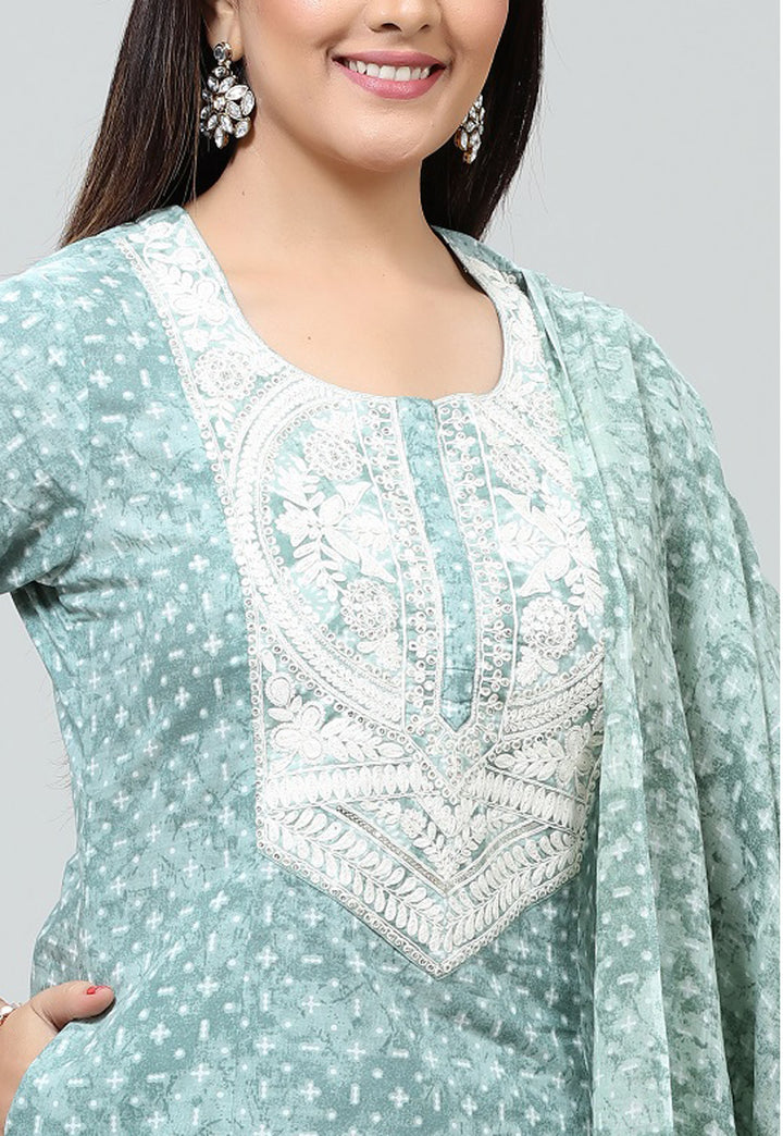 Mint Green Jaipuri Cotton Straight Embroidered Kurta Pant Suit Set