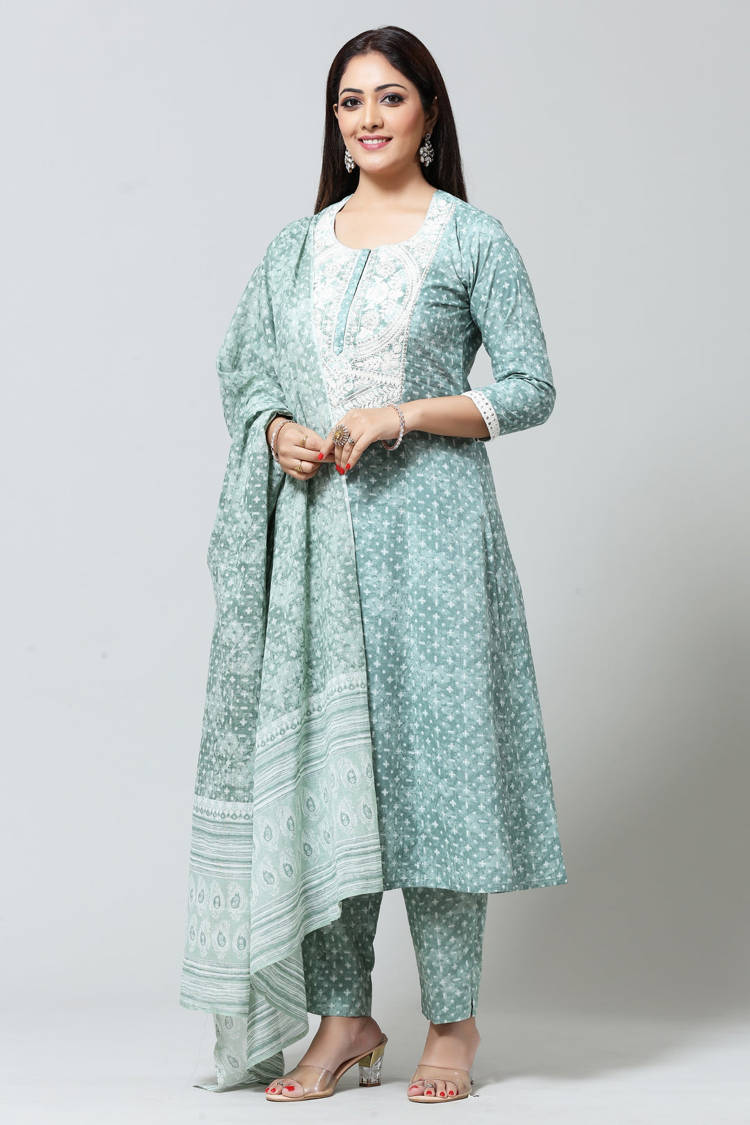 Mint Green Jaipuri Cotton Straight Embroidered Kurta Pant Suit Set