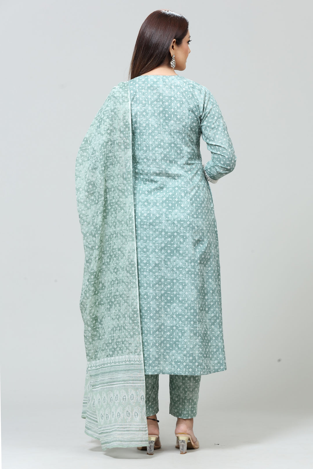 Mint Green Jaipuri Cotton Straight Embroidered Kurta Pant Suit Set