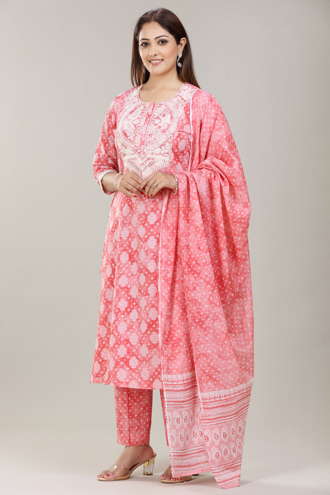 Peach Jaipuri Cotton Straight Embroidered Kurta Pant Suit Set