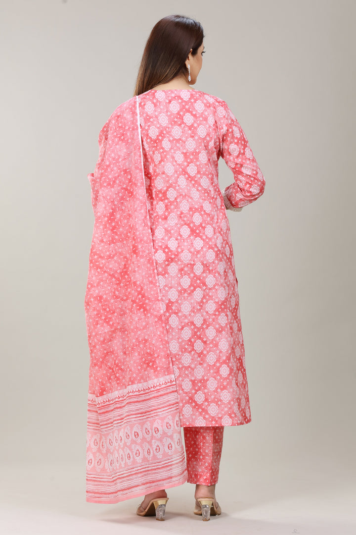 Peach Jaipuri Cotton Straight Embroidered Kurta Pant Suit Set