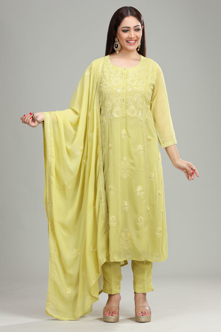 Lemon Georgette A Line Embroidered Kurta Pant Suit Set