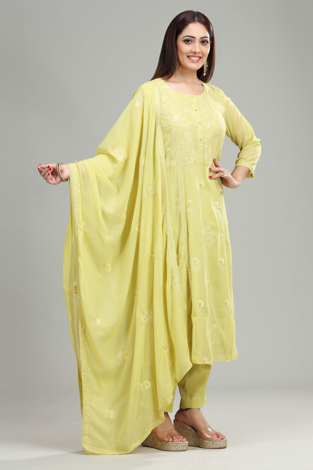 Lemon Georgette A Line Embroidered Kurta Pant Suit Set