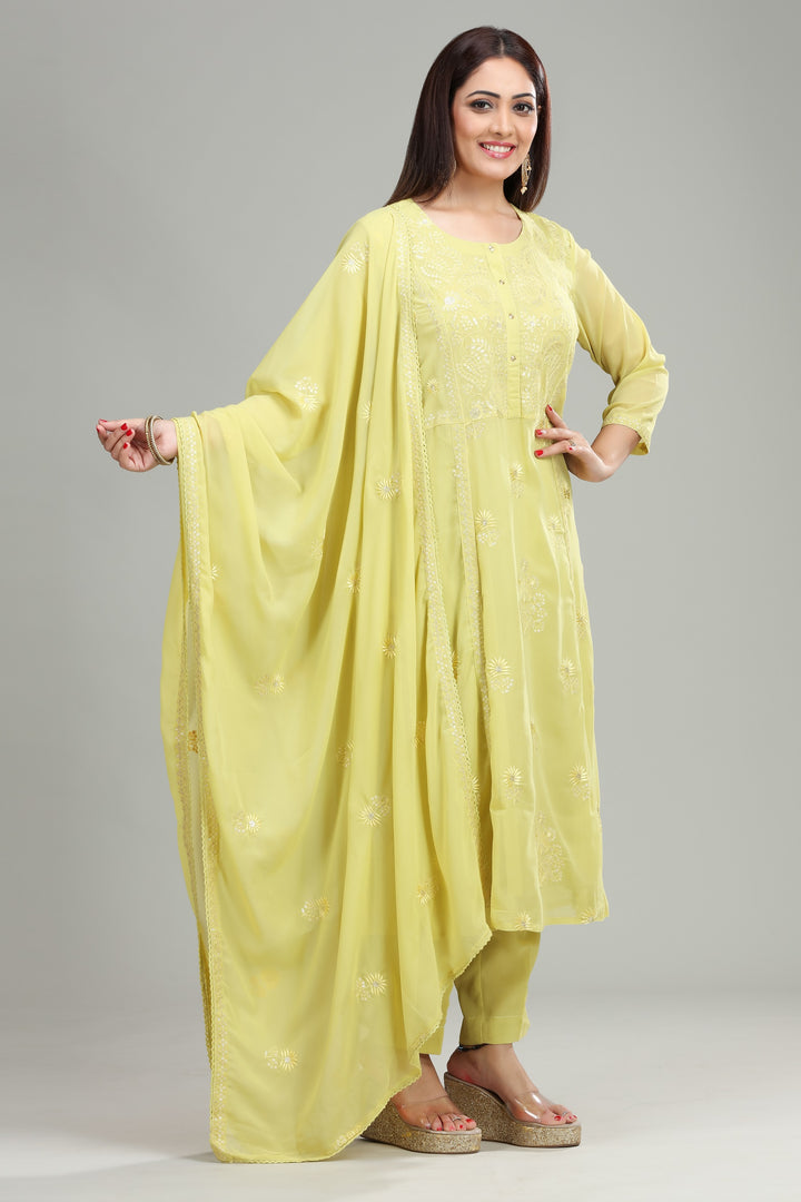 Lemon Georgette A Line Embroidered Kurta Pant Suit Set