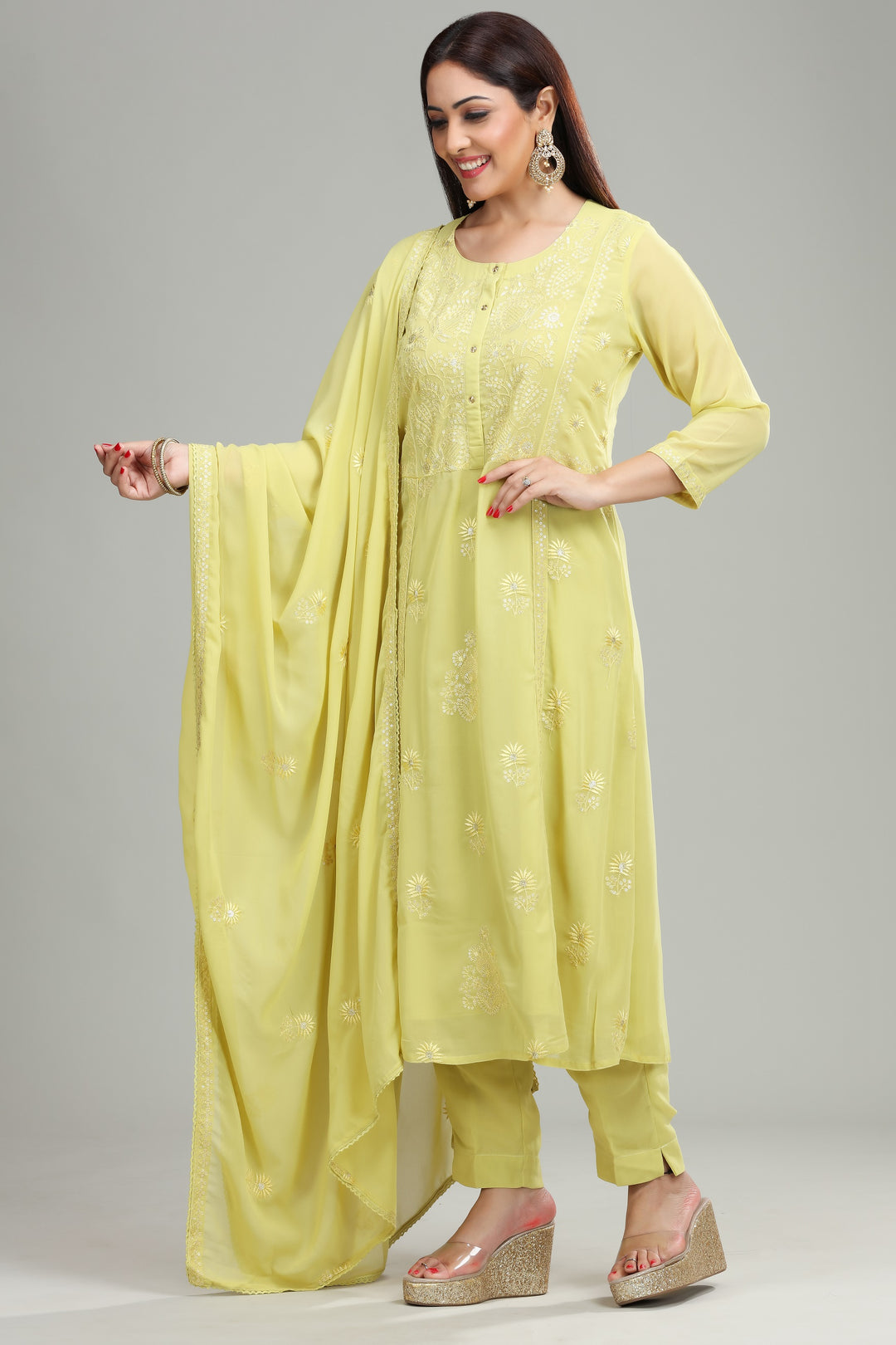 Lemon Georgette A Line Embroidered Kurta Pant Suit Set