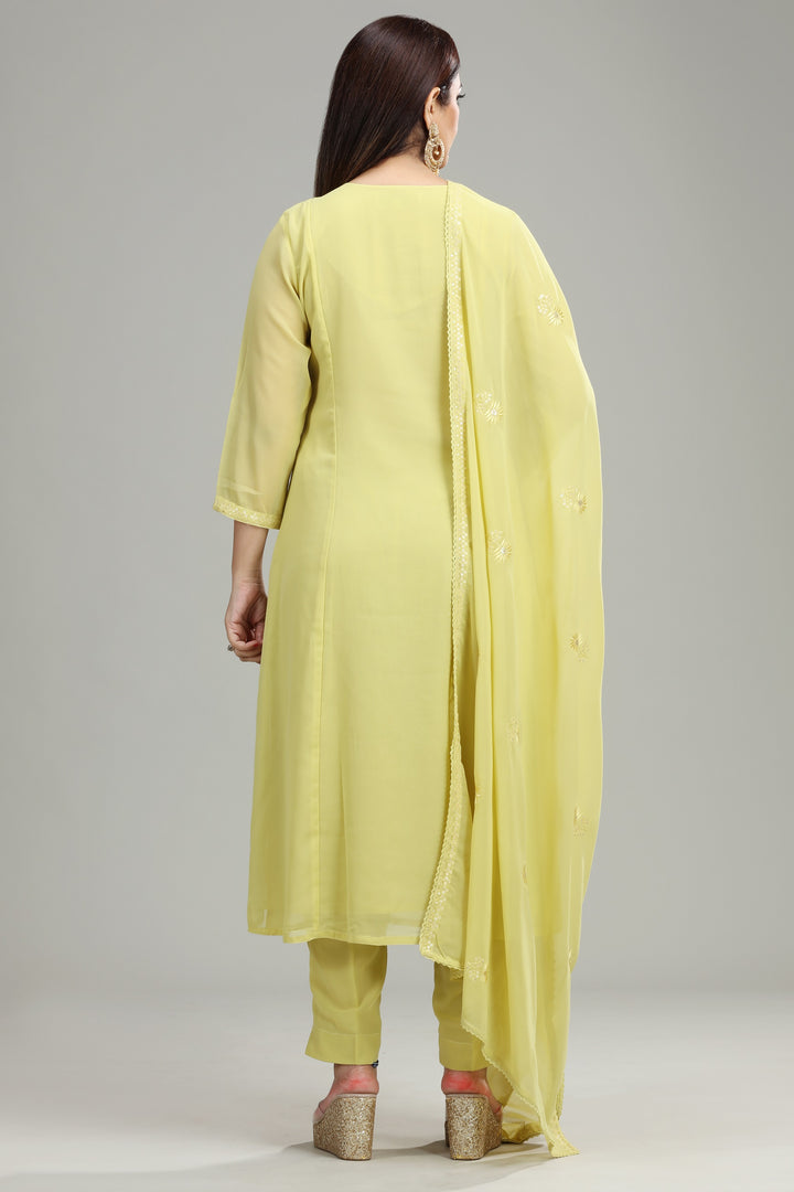 Lemon Georgette A Line Embroidered Kurta Pant Suit Set