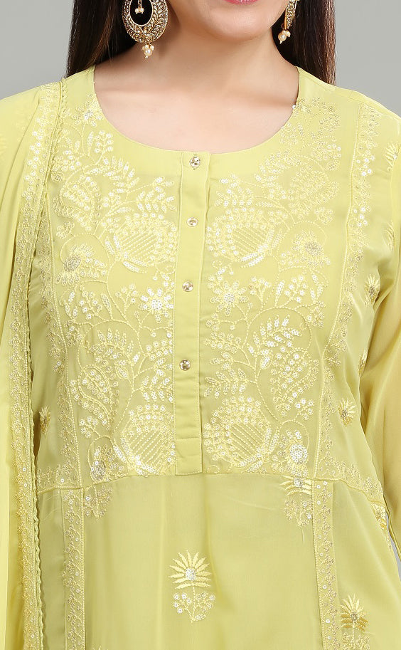 Lemon Georgette A Line Embroidered Kurta Pant Suit Set