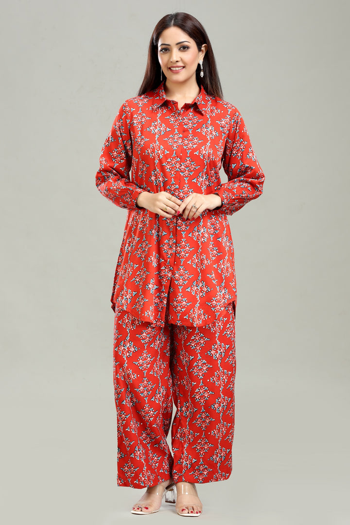 Coral Red Rayon Straight Printed Kurta Pant Co ord set