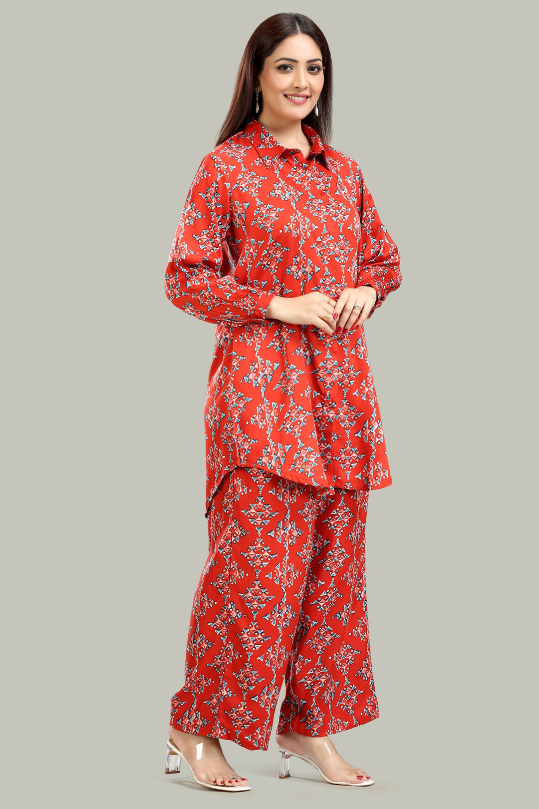 Coral Red Rayon Straight Printed Kurta Pant Co ord set