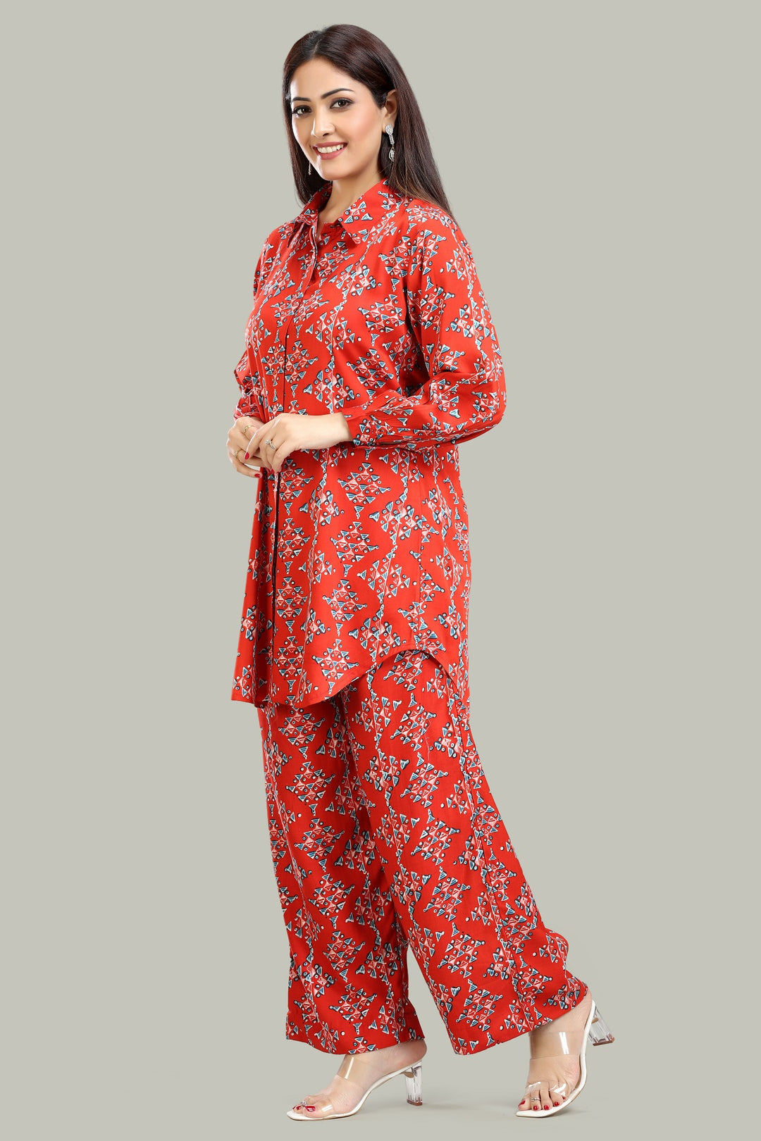 Coral Red Rayon Straight Printed Kurta Pant Co ord set