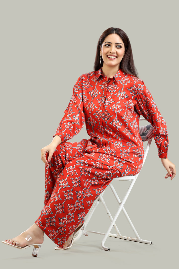 Coral Red Rayon Straight Printed Kurta Pant Co ord set