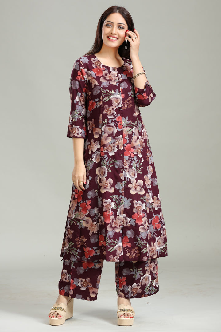 Burgandy Rayon A Line Printed Kurta Pant Co ord Set