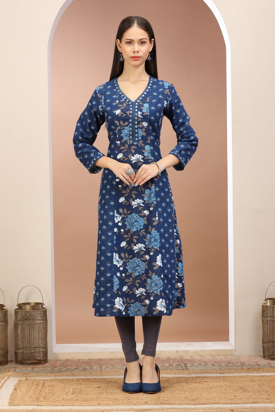 Blue Flax Cotton Printed A Line Kurta