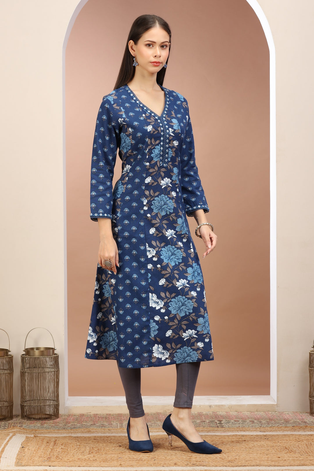 Blue Flax Cotton Printed A Line Kurta