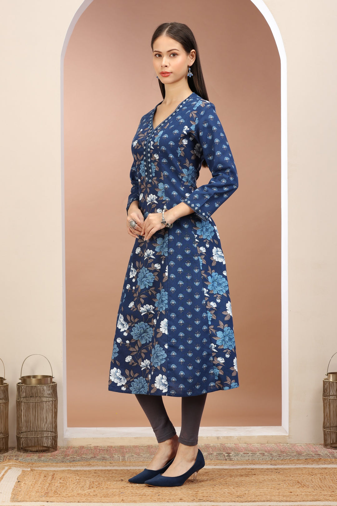 Blue Flax Cotton Printed A Line Kurta