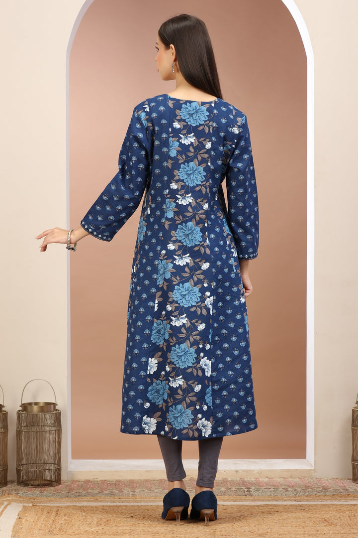 Blue Flax Cotton Printed A Line Kurta