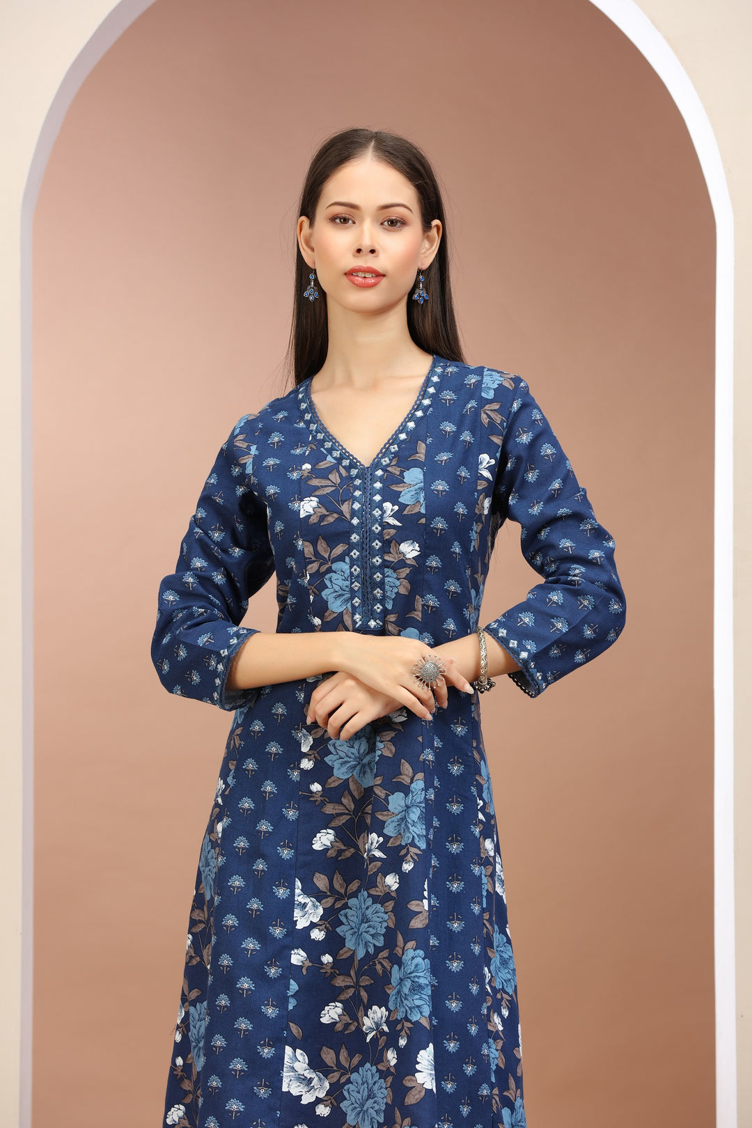 Blue Flax Cotton Printed A Line Kurta