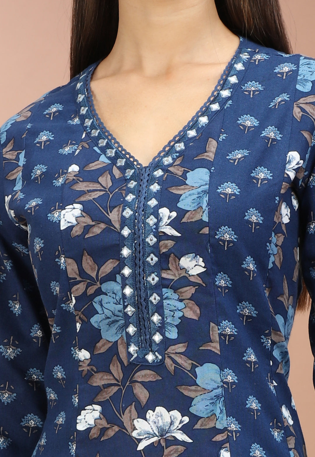 Blue Flax Cotton Printed A Line Kurta