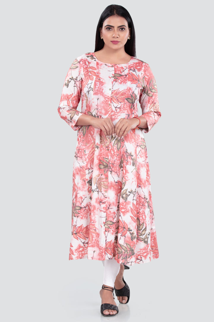 Pink & White Rayon A line Printed Kurta