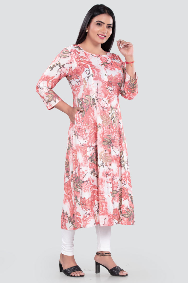 Pink & White Rayon A line Printed Kurta