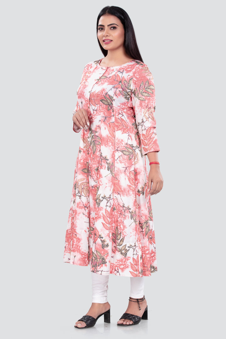 Pink & White Rayon A line Printed Kurta