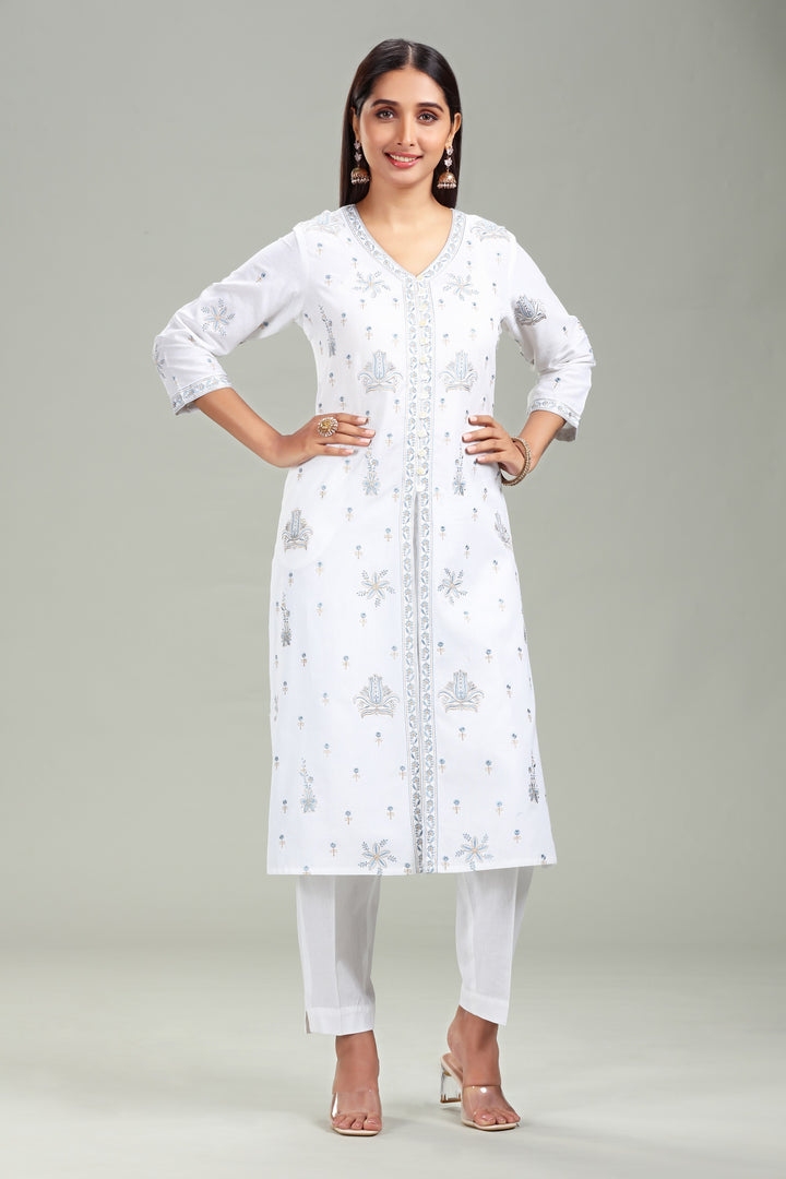 White Cotton Straight Embroidered Kurta Pant Co ord Set