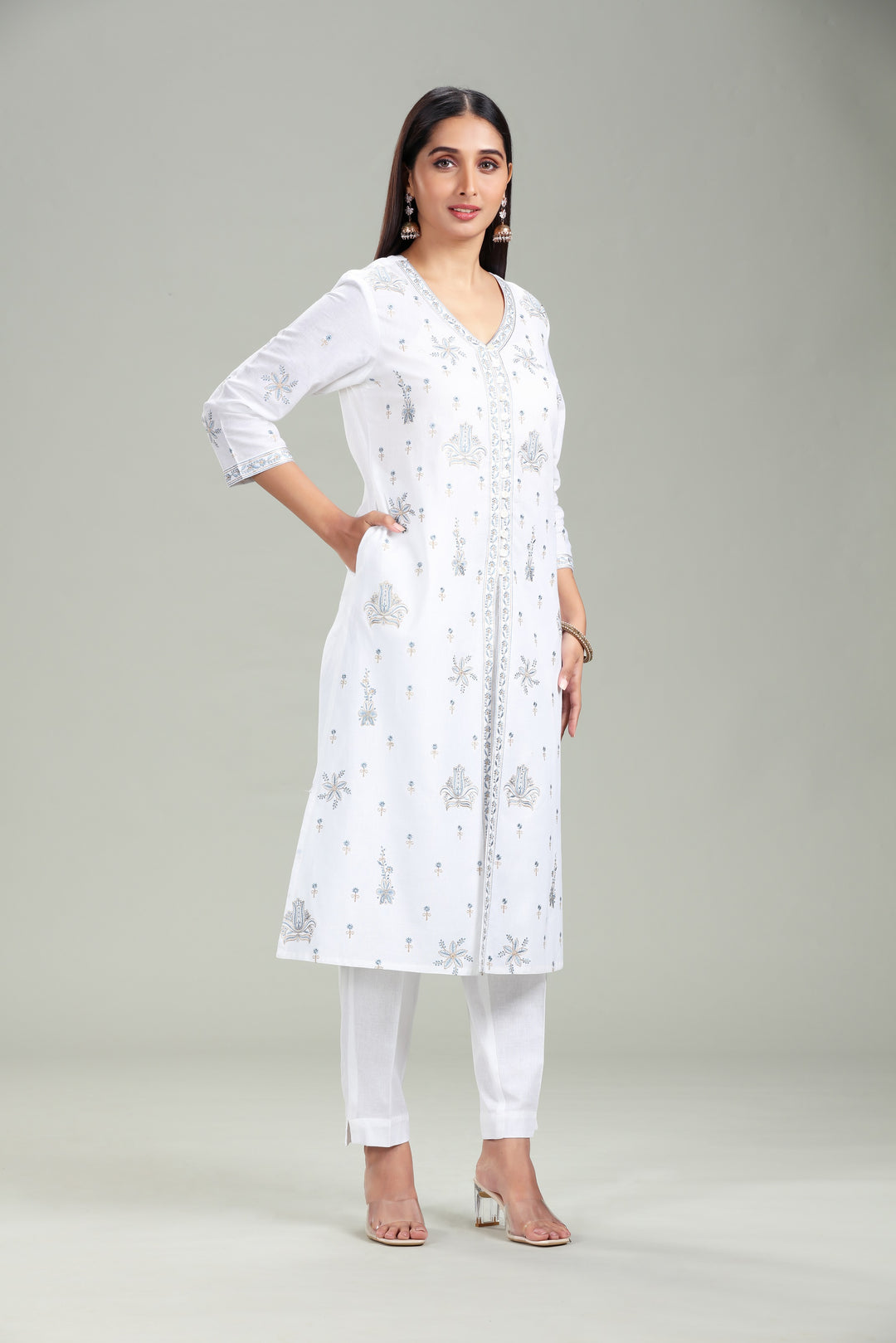 White Cotton Straight Embroidered Kurta Pant Co ord Set