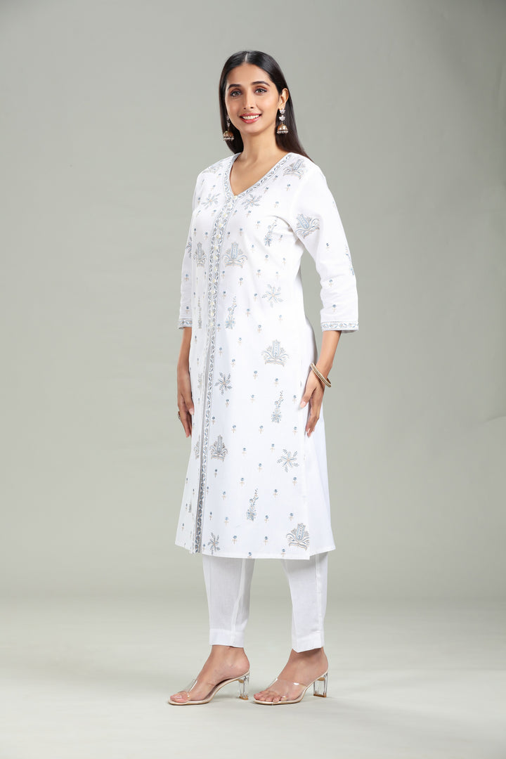 White Cotton Straight Embroidered Kurta Pant Co ord Set