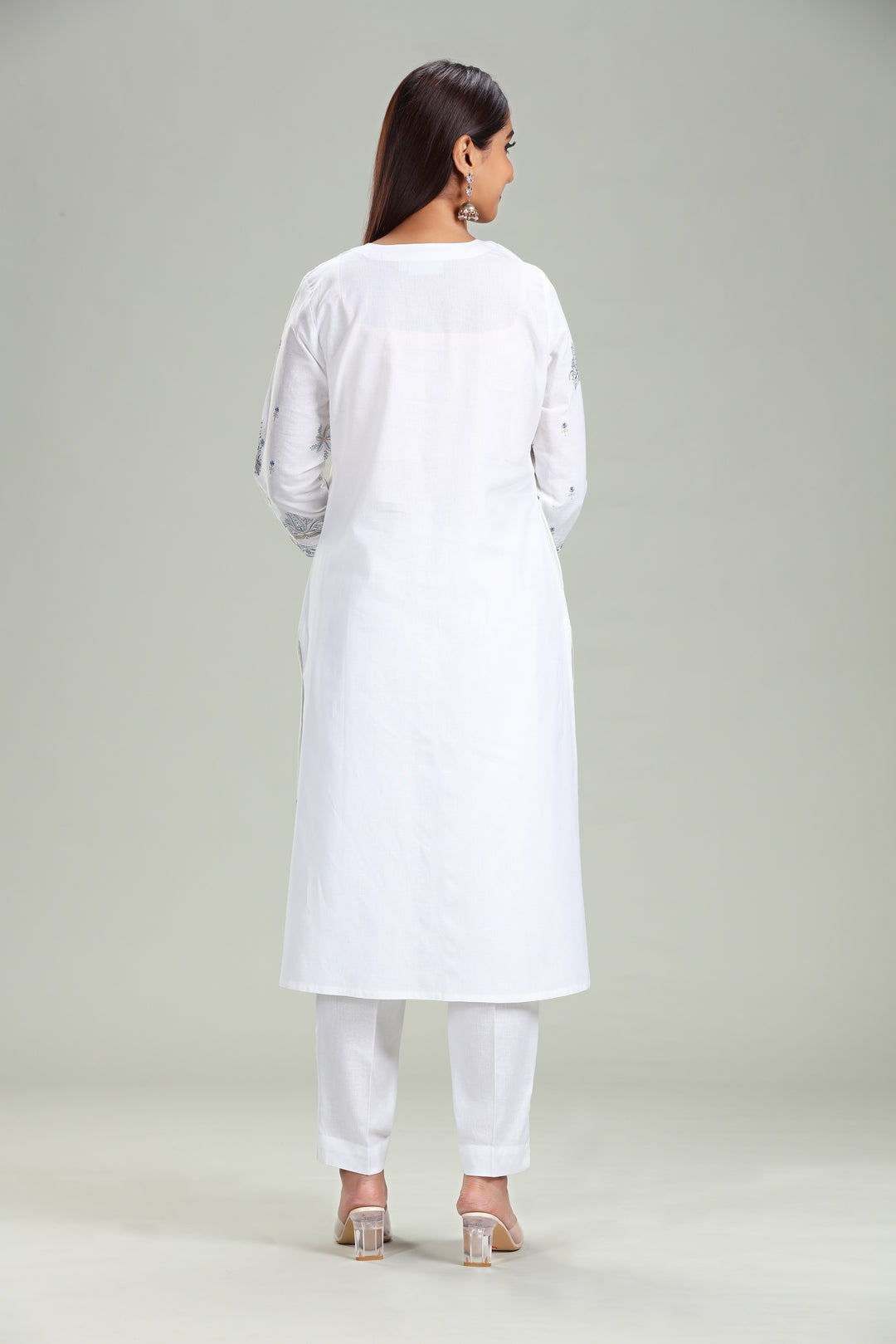 White Cotton Straight Embroidered Kurta Pant Co ord Set