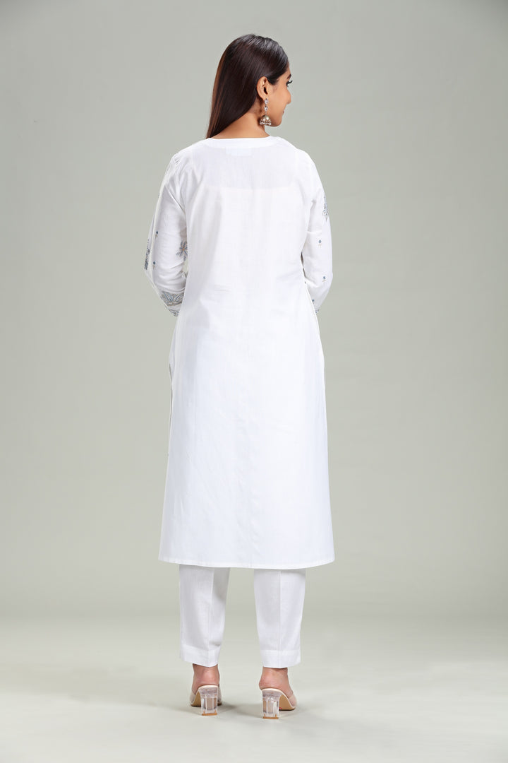 White Cotton Straight Embroidered Kurta Pant Co ord Set