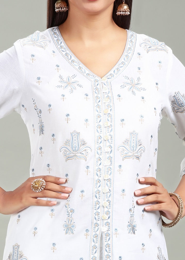 White Cotton Straight Embroidered Kurta Pant Co ord Set