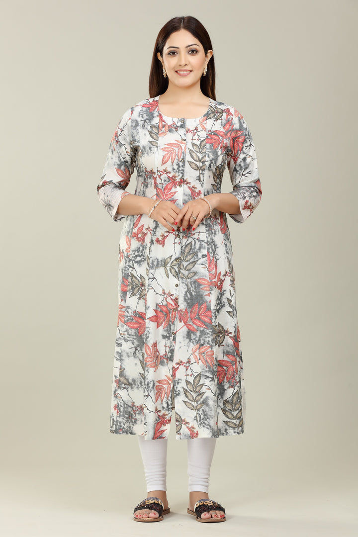 White & Black Rayon Kalidar Printed Kurta