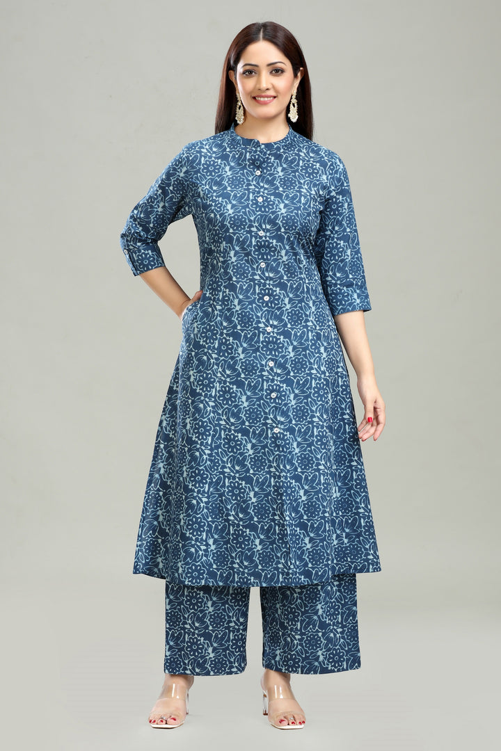 Blue Roman Silk A Line Printed Kurta Pant Co ord Set