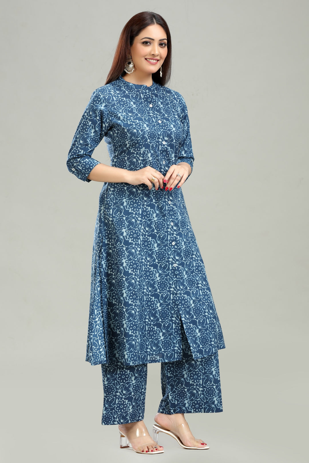 Blue Roman Silk A Line Printed Kurta Pant Co ord Set