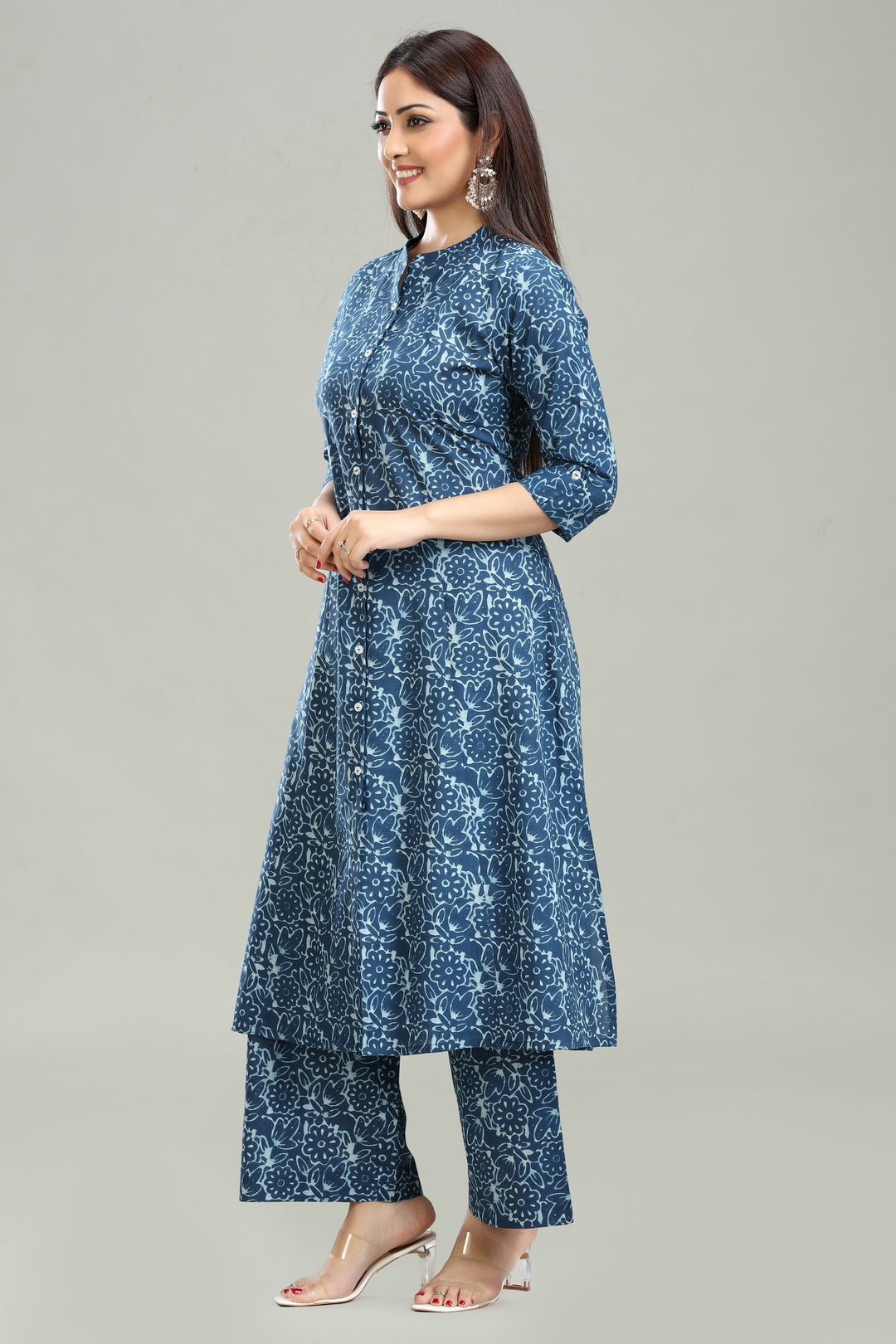 Blue Roman Silk A Line Printed Kurta Pant Co ord Set