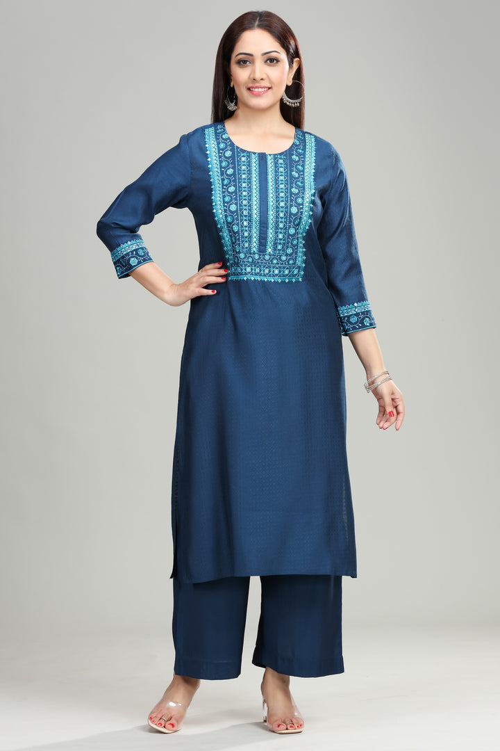 Blue Silk Straight Embroidered Kurta Pant Co ord Set