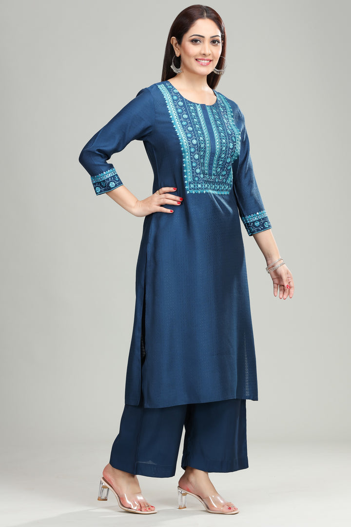 Blue Silk Straight Embroidered Kurta Pant Co ord Set