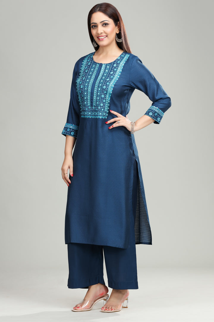 Blue Silk Straight Embroidered Kurta Pant Co ord Set