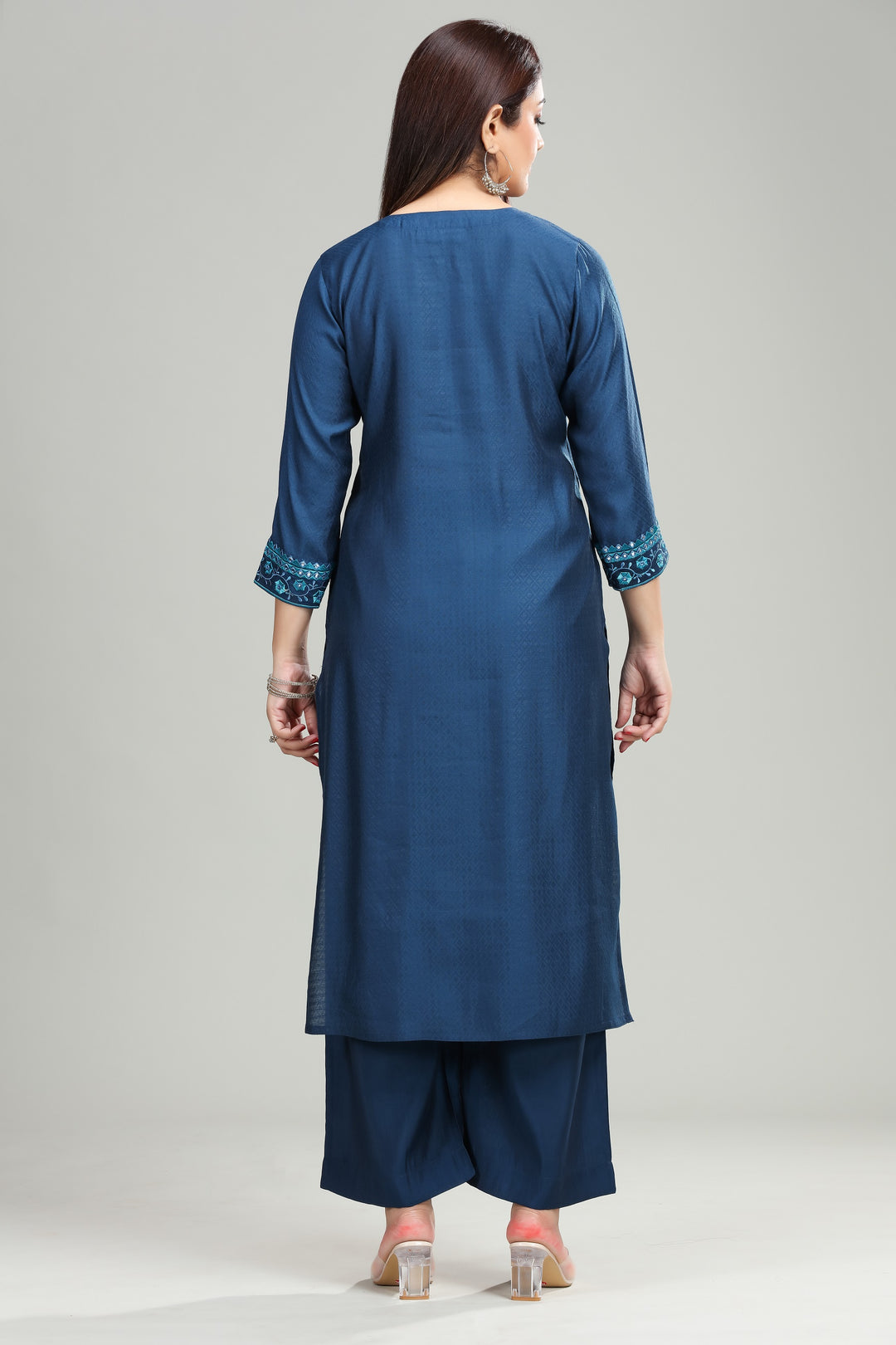 Blue Silk Straight Embroidered Kurta Pant Co ord Set