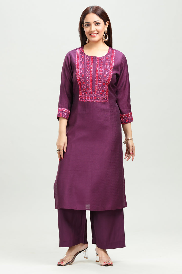 Wine Silk Straight Embroidered Kurta Pant Co ord Set