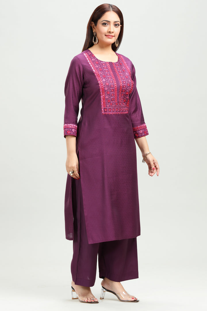 Wine Silk Straight Embroidered Kurta Pant Co ord Set