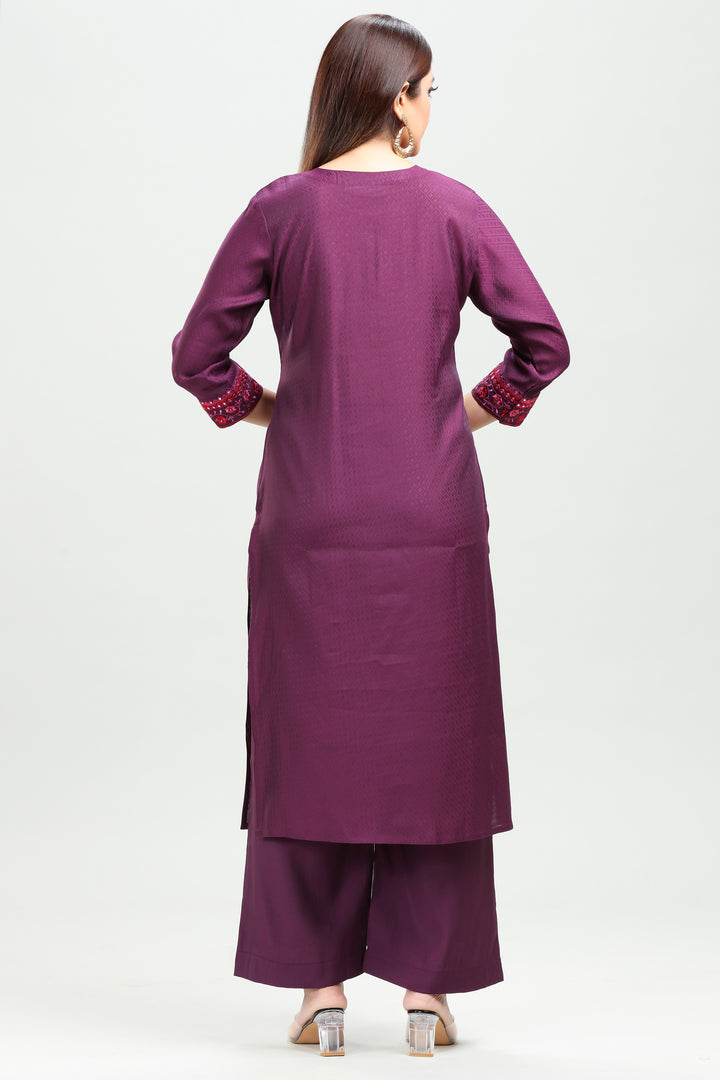 Wine Silk Straight Embroidered Kurta Pant Co ord Set