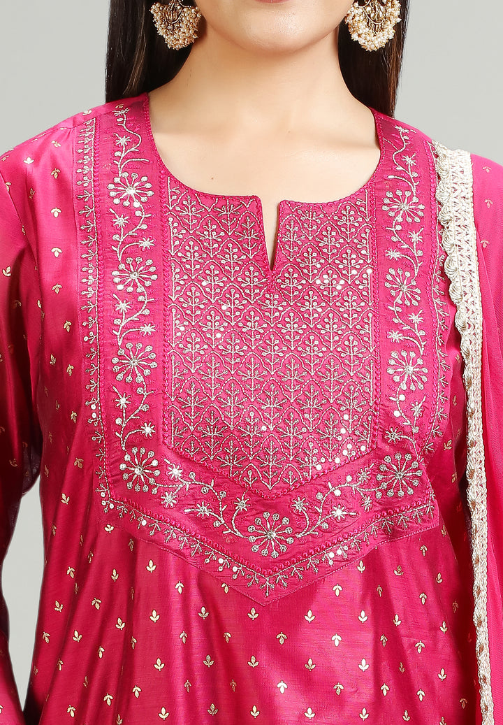 Magenta Chanderi Straight Embroidered Kurta Pant Suit Set