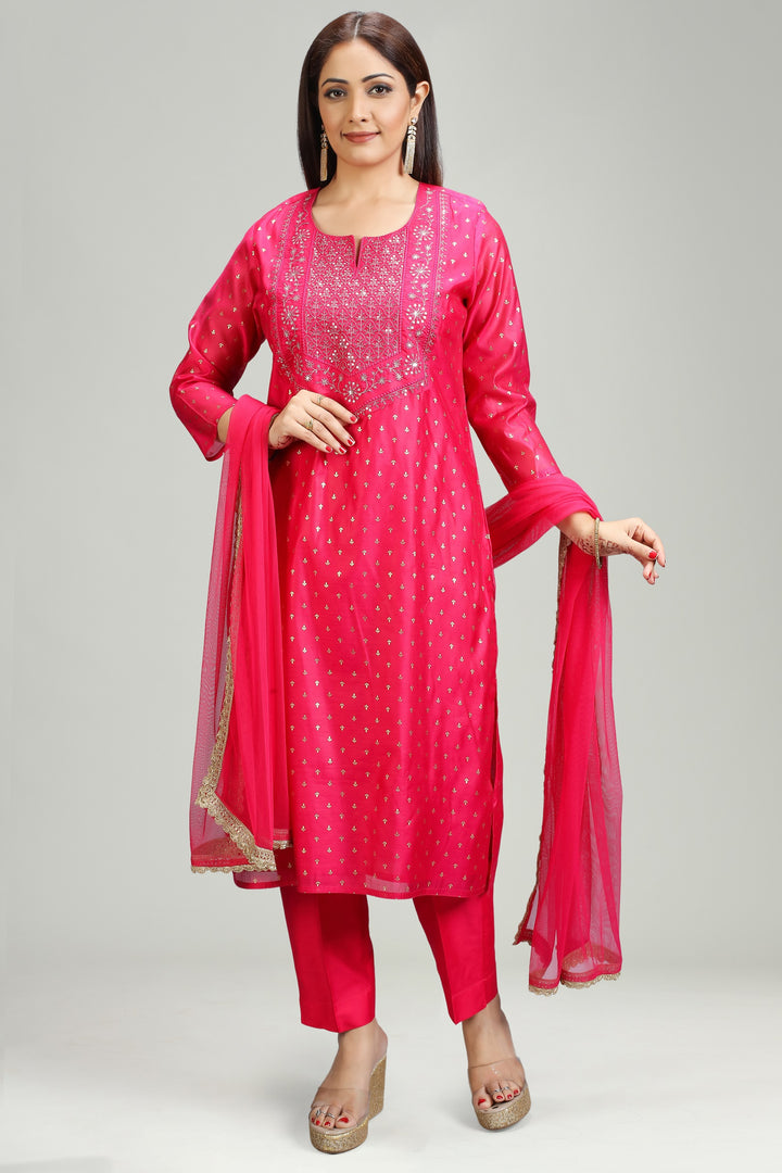 Pink Chanderi Straight Embroidered Kurta Pant Suit Set