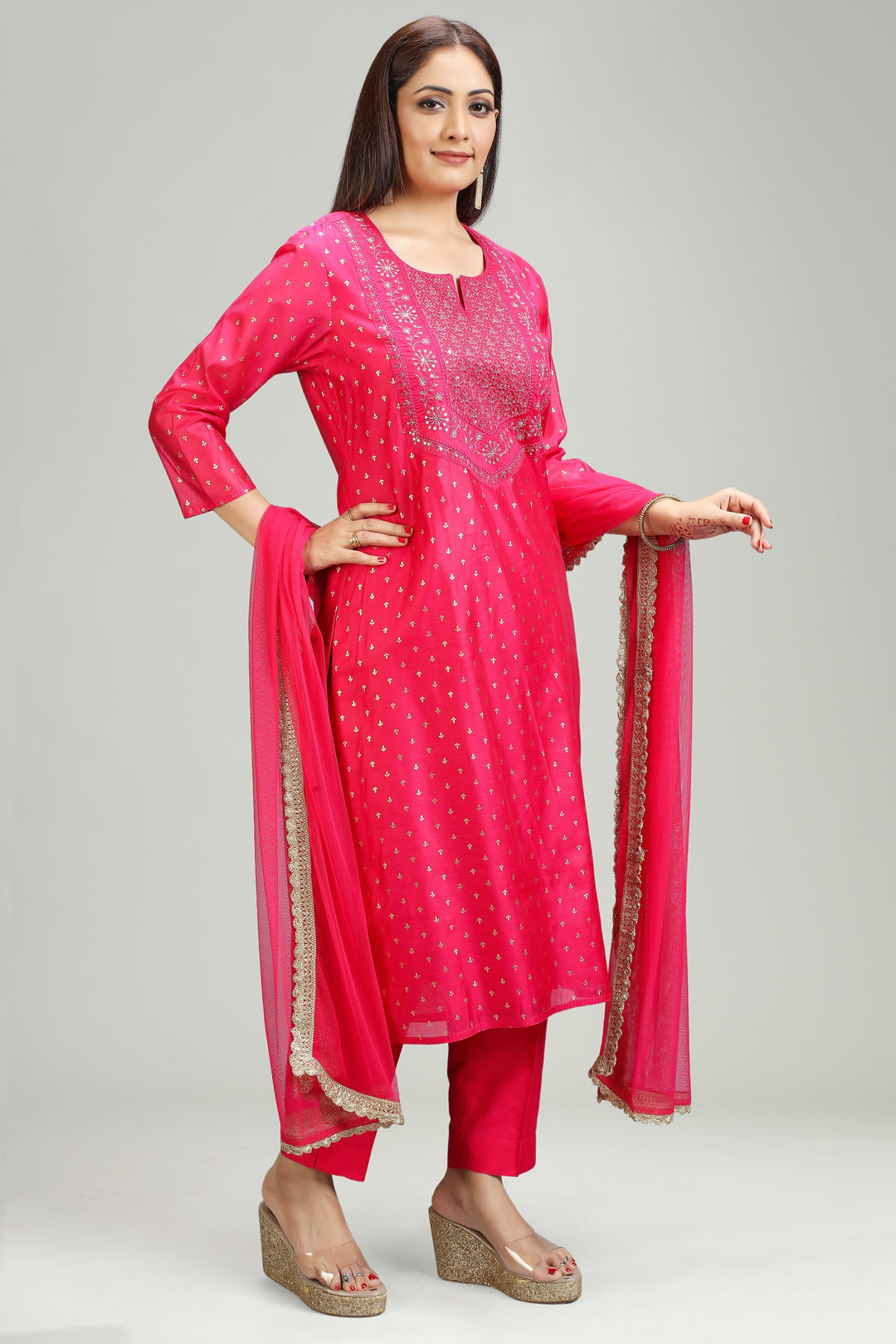 Pink Chanderi Straight Embroidered Kurta Pant Suit Set