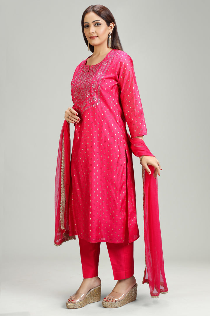 Pink Chanderi Straight Embroidered Kurta Pant Suit Set